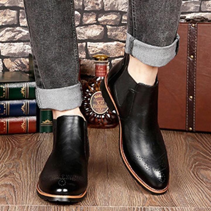 2019 new Chelsea booties male Brock carved casual high shoes male pointed Martin boots - Black {42}