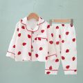 Kids Summer Thin Pajamas Sets New 2023 Boys Girls Cotton Linen Cartoon Long Sleeve Lapel Shirt Tops with Pants Baby Home Wear.