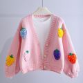 EVNISI Korean Fashion Pink Strawberry Sweaters for Women Winter Long Sleeve Knitted Woman Cardigan Single Breasted Short Coat. 