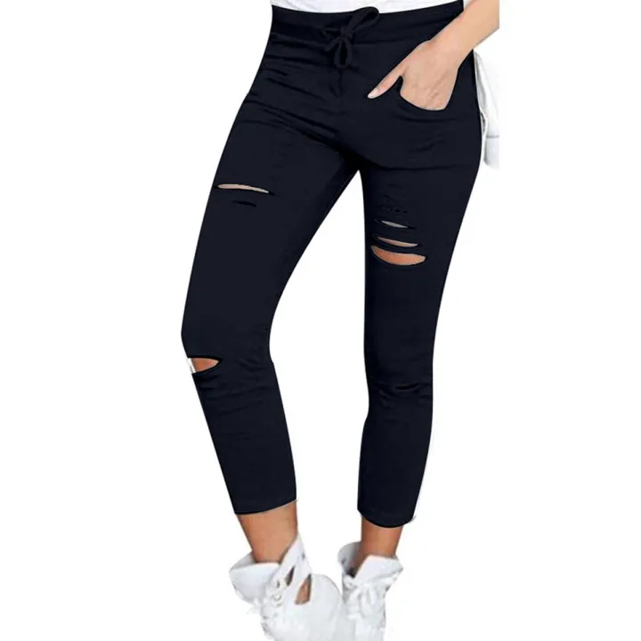 Women Pants Solid Color Simple Drawstring Ripped Spring Leggings for Daily Wear