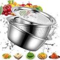 Silver 3 in 1 Stainless Steel Drain Basket Vegetable Cutter, For Kitchen. 