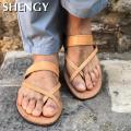 Men Leather Slippers Summer Flat Sandals Casual Greek Outdoor Beach Shoes Sandals Retro Roman Slippers Plus Size 39-48.