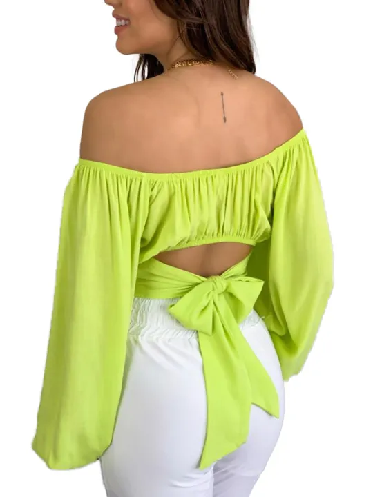 Women%E2%80%99s%20Off%20Shoulder%20Crop%20Tops,%20Long%20Sleeve%20Solid%20Color%20Tie%20Knot%20Back%20Ruched%20T-Shirts%20-%20Image%203