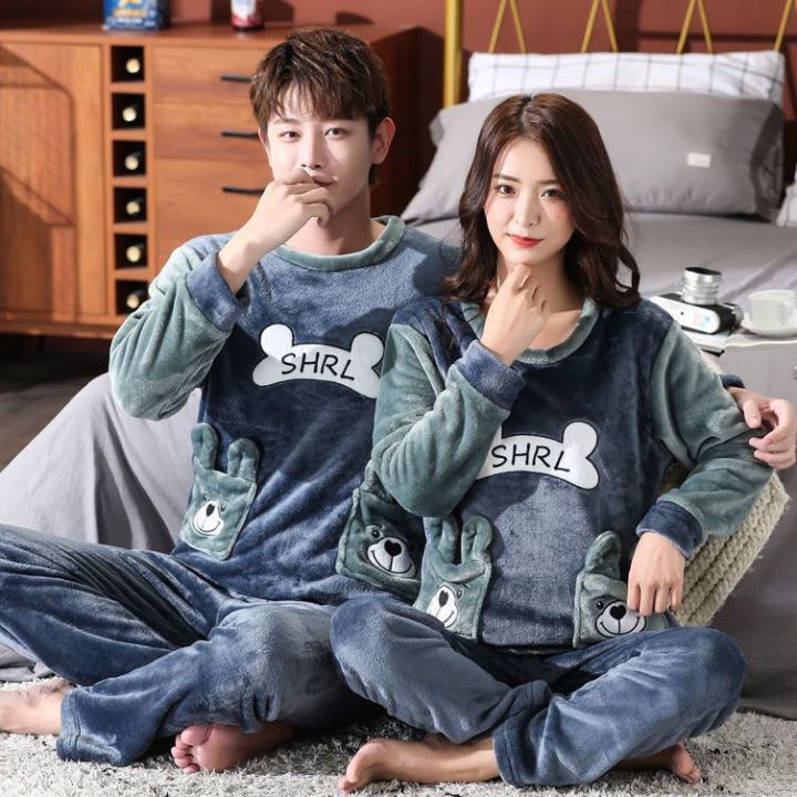 Unisex%20Flannel%20Sleepwear%20New%20Women%20Men%20Winter%20Warm%20Fleece%20Couples%20Pajamas%20Set%20Lovers%20Nightgown%20Cute%20Cartoon%20Pijamas%20Home%20Clothes%20-%20Image%204