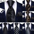 Hi-tie Design Black Solid Dot Silk Wedding Tie For Men Hanky Cufflink Gift Men Necktie Gravata Set Fashion Business Dropshipping. 