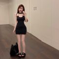 2023 Hollow Sexy Chain on Neck Dress Women's Cold High-Grade Temperament Adult Lady like Woman Wind Bag Arm Short Skirt. 