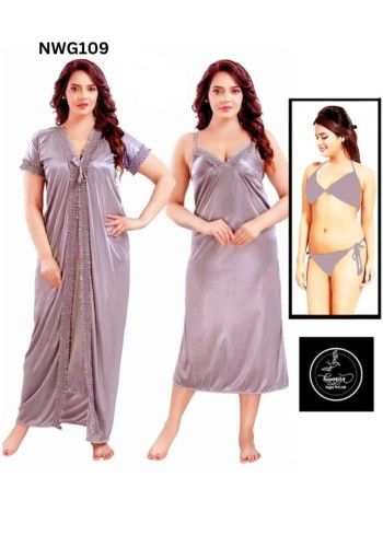 Women 4 Part Long Solid Night Dress Nighty Set 4 Piece Women Fashionable Nightwear Qualityful - Easy To care and Longive
