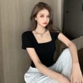 【New and Improved】 Fashion Square Collar Women T-shirt Black White Short Sleeves Women Top Solid Color Slim Fit Tee.