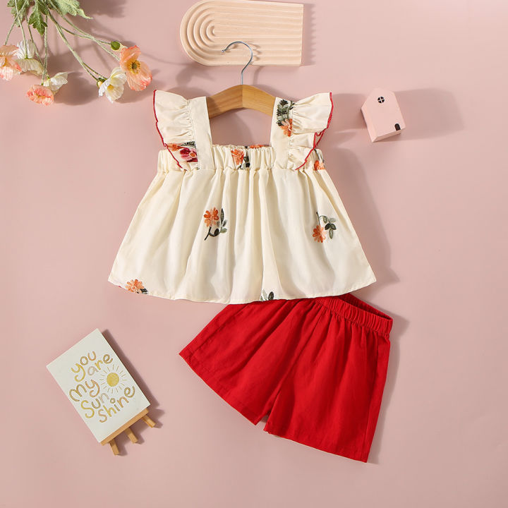 Summer New Baby Girls Two-Piece Set Lightweight Set Sweet Sleeveless Little Flying Sleeve Embroidered Floral Pleats + Shorts