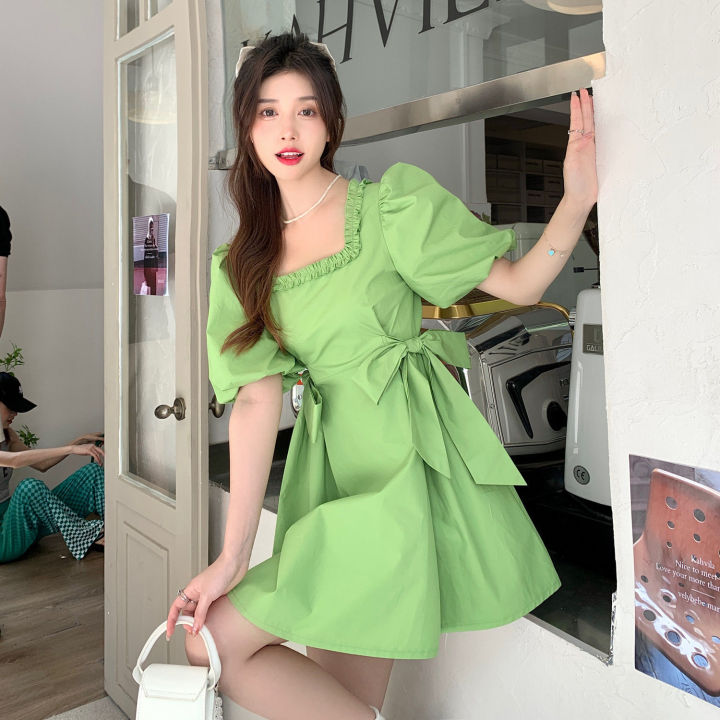 Bow%20Tie%20Square%20Collar%20Dress%20Women's%20Spring%20and%20Summer%202022%20New%20Korean%20Style%20Avocado%20Green%20Waist%20Slimming%20A-%20line%20Dress%20-%20Image%204