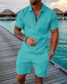 2023 New Men's Suit 3D Color Stitching Print Summer Short Sleeve Polo Shirt Shorts Suit Fashion Zipper Polo Shirt Two Piece Set.