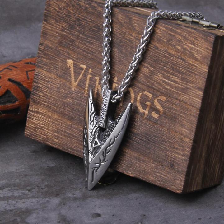 Odin's Spear Gungnir Viking Necklace For Men with Rune Symbol Raven’s of Odin LabradoriteNorse Mythology,Pagan Jewelry with box