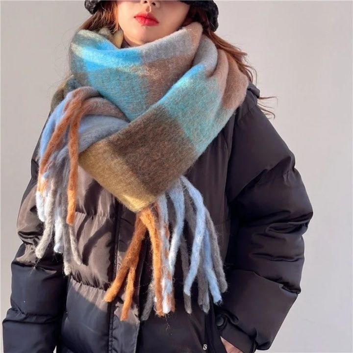 Mohair Rainbow Winter Plaid Cashmere Scarf Shawl Wrap Chequered