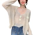 Spring Clothing Suit Sweater Korean Style Solid Color Sweet Flower Knitted Cardigan + Three-Dimensional Flower Small Sling Two-Piece Set for Women. 