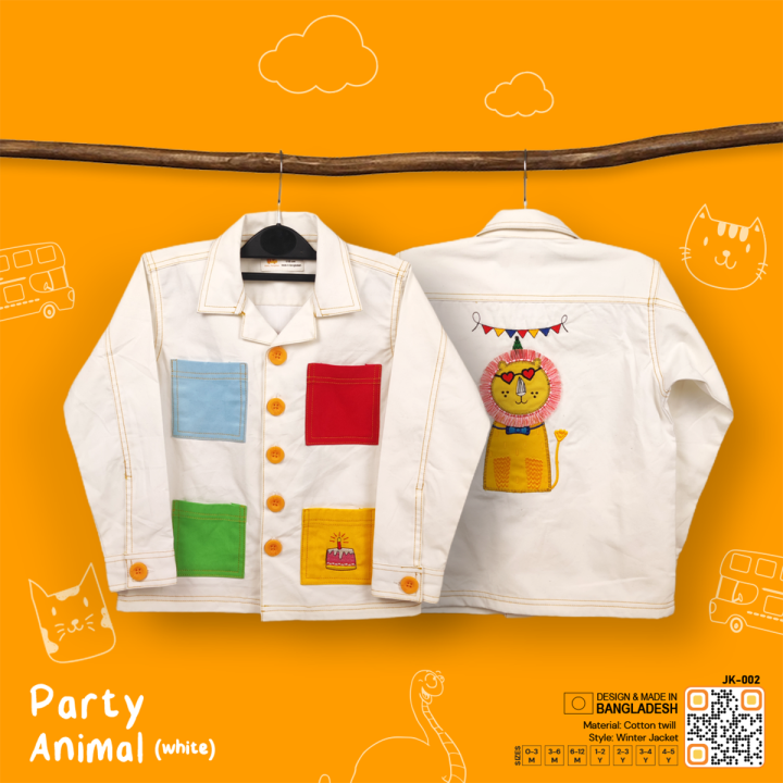 White With Multi-Color Cotton Twill Party Animal - White Winter Jacket For Kids Unisex