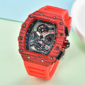 Richard sports hollowed out watch barrel shaped wood grain flower ghost head timing six needle quartz watch alloy silicon tape.