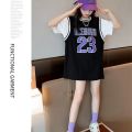 Summer Girls T T-shirt Skirt Mid-Length Korean Style False Two-Piece Basketball Wear Loose Fried Street Girls Sports Dress.