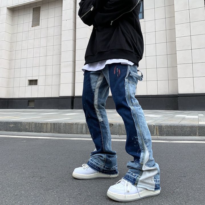 Vintage Distressed Splash Ink Flare Jeans Mens Streetwear Patchwork Hip Hop  Graffiti Heavy Wash Blue Slim Fit Denim Pants Men