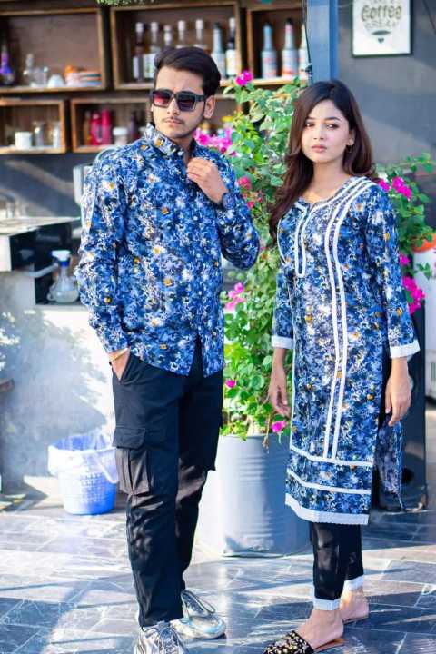 Ready Made Slab Cotton Viral Couple Set Matching Dress Traditionally Dress Fashionable Long Salwar Kameez Full Sleves Shirt For Stylish Woman Man 2pis