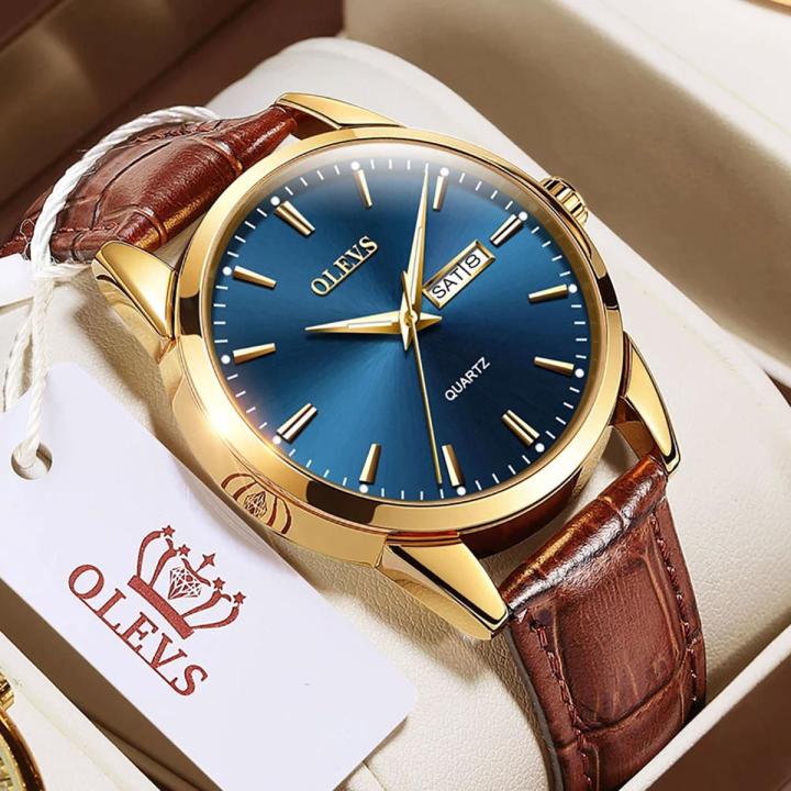 Olevs 6898 Leather And Stainless Steel Waterproof Simple Quartz Watch - Coffee , Blue