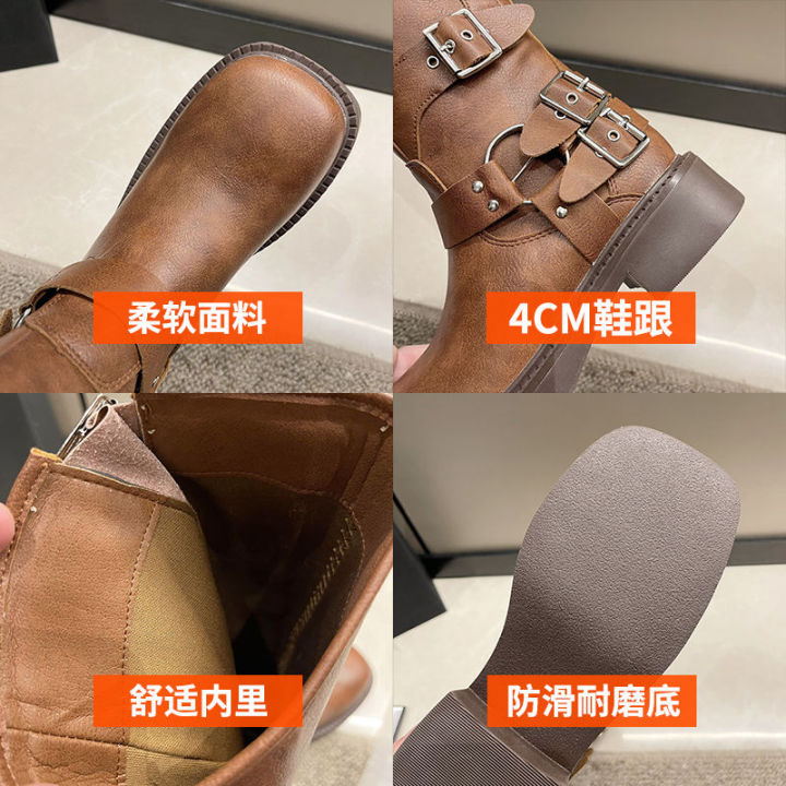 miu*Model%20Style%20Belt%20Buckle%20Chunky%20Heel%20Martin%20Boots%20Women's%20Spring/Summer%20Leather%20Retro%20below%20the%20Knee%20Boots%20Western%20Boots%20-%20Image%202