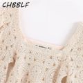 CHBBLF women stylish hollow out blouse square collar long lantern sleeve shirt female elegant solid crop tops blusas BGB9534. 
