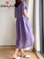 Summer Women Dress Casual Loose Short Sleeve A-LINE Oversize Solid Midi Dress Cotton Linen Dresses for Women Vestidos De Mujer.
