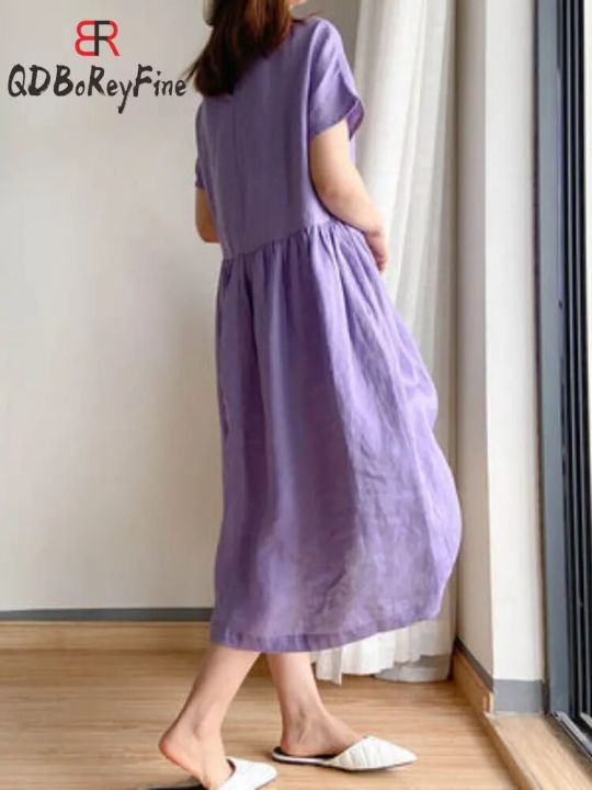 Summer%20Women%20Dress%20Casual%20Loose%20Short%20Sleeve%20A-LINE%20Oversize%20Solid%20Midi%20Dress%20Cotton%20Linen%20Dresses%20for%20Women%20Vestidos%20De%20Mujer%20-%20Image%206