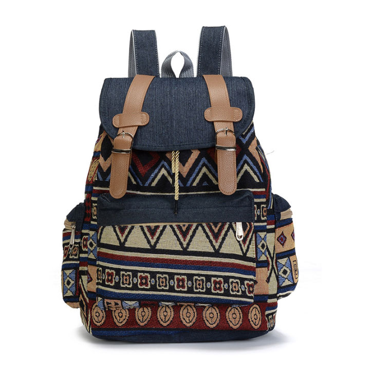 Women Printing National Backpack Canvas School Bags For Teenagers Shoulder Bag Weekend Travel Rucksack Denim Mochilas Femininas