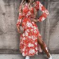 Sexy V Neck Autumn Party Dress Women Elegant Gorgeous Floral Prints A-Line Dress Fashion Long Sleeve Slit Long Dresses Vestidos. 