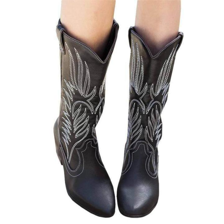 Women Cowboy Boots Embroidery Mid Calf Vintage Pull On Cowgirl Low Block Western