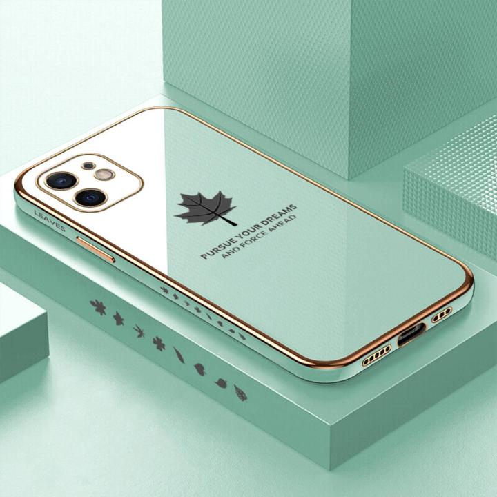 Luxury 6D Plating Soft Casing Silicone Square Frame Phone Case For iPhone 12 Case Shiny Bling Back Cover New Maple Leaf Square Edge Pattern Design Soft Case + Free Lanyard