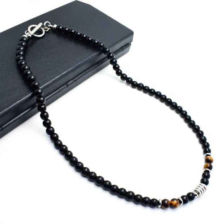 Natural Tiger Eye Stone Black Beads Choker Necklace for Men