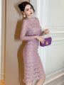 Exquisite Elegant Qipao Dress Women Celebrity Sheer Lace Pearl Flower Cheongsam Robe Lady Evening Party Date Prom Vestidos Mujer.
