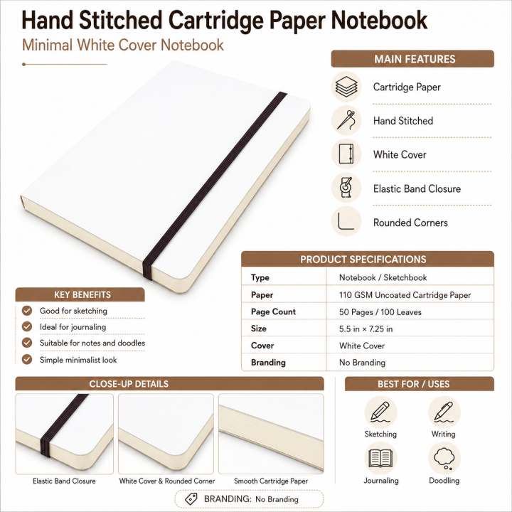 Premium Daily Journal Sketch Book Notebook White Elastic Band (White)