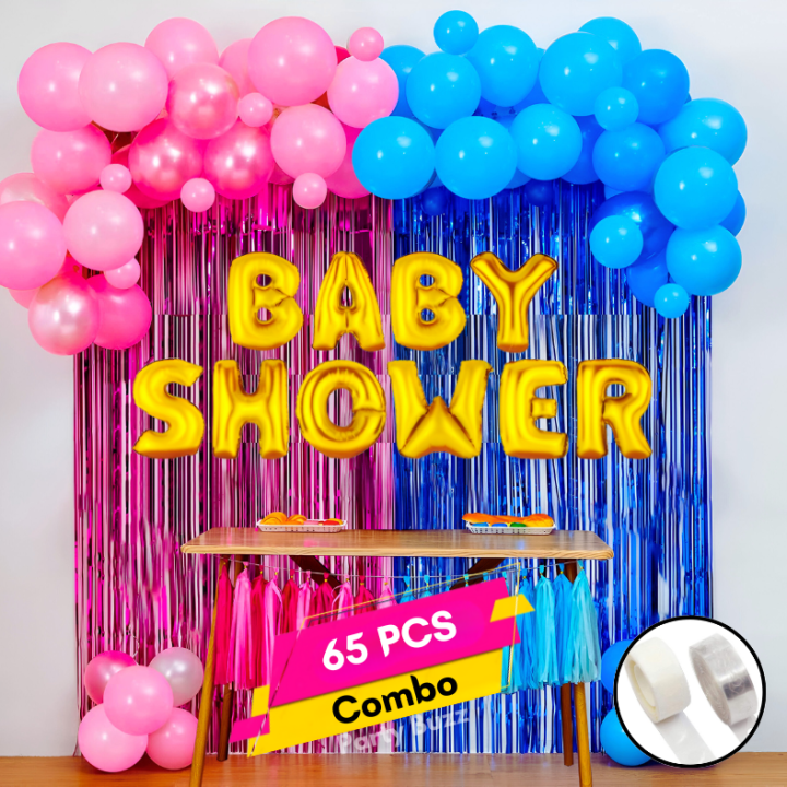 Baby Shower Combo: Golden Banner, Pink & Blue Balloons, Foil Curtain, Balloon Arch, Both Side Tape - Full Decoration Package - (65 Pcs)