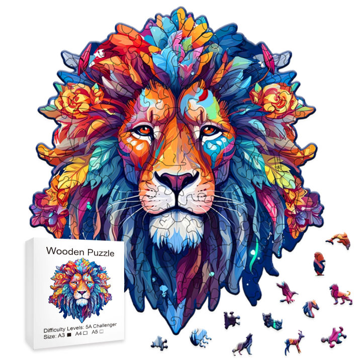Wooden Puzzle Model Assembly Three Dimensional Irregular Shaped Animal Lion Pattern Wooden Puzzle Puzzle Decompression Hand Asse MuXiaRe