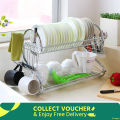 Kitchen Stainless Steel 2 Layer S Shape Dish Rack Organizer Storage Set with Tray.