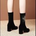 Stretch Boots Women2022New Thick Heel Fleece-Lined Ankle Boots Middle Boots Suede Rhinestones High Heel Skinny Small Man Socks Boots.