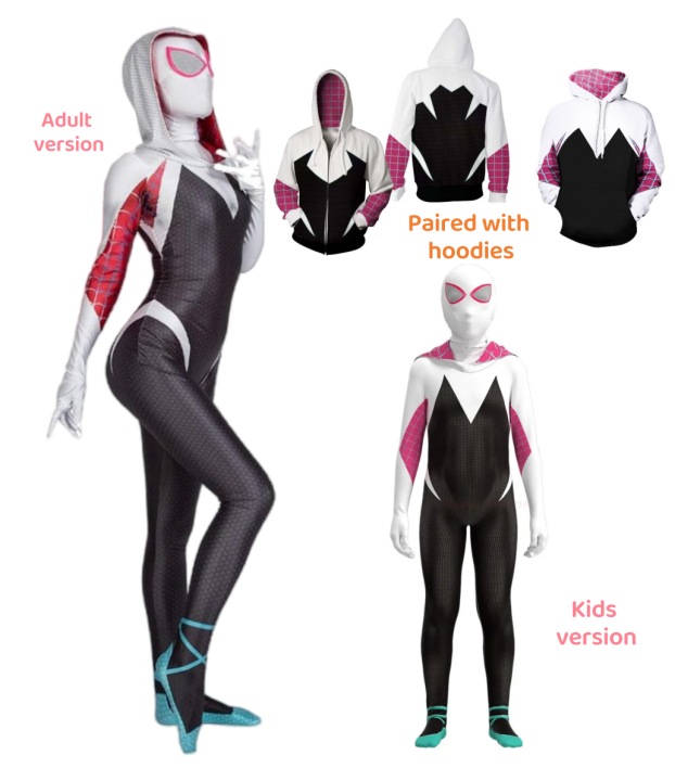 Gwen Spid Costume for Kids and Adult White Spider Girl Mask 3D Style Halloween Costumes Cosplay Suiter Body Jumpsuit