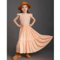 GC Girls Short Sleeve Lace Applique Dresses Casual Zipper Solid Color Long Skirts Summer Maxi Dress For Ceremony.