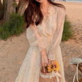 V neck elegant sweet dress women long sleeve chiffon floral party beach dress for girls Korean style 2021 summer chic. 