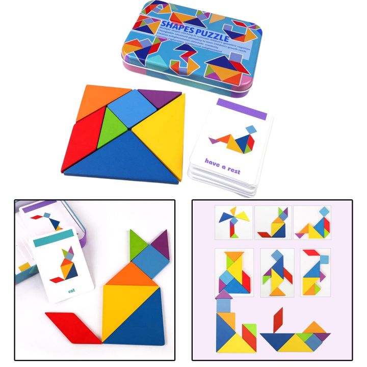 Wooden Tangram Puzzle Montessori Pattern Block Stacking Challenge IQ Toy