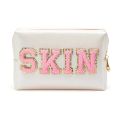 Cute Travel Chenille Varsity FACE Letter Makeup Bag Preppy Patch Cosmetic Pouch for Teens Girls Women Toiletry Storage Organizer.