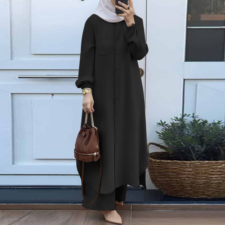 Ladies%202%20Pieces%20Set%20Islamic%20Dress%20Jumpsuit%20Muslim%20Top%20Solid%20Arabic%20Blouse%20and%20Pants%20-%20Image%204