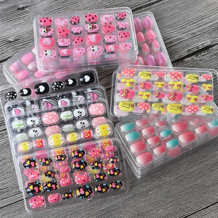 24pcs/box Candy Kids False Nail Cartoon Full Cover Press On Nails Tips Kawaii Acrylic Artificial Fingernails for Girls