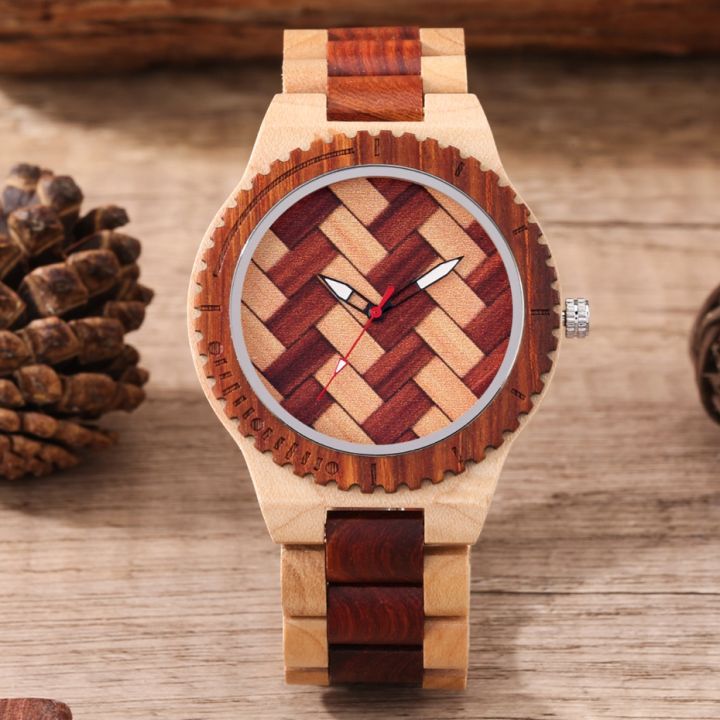Creative Handmade Weave Braided Dial Pattern Vintage Wooden Watch for Men Folding Clasp Natural Wood Wristband Quartz Wristwatch