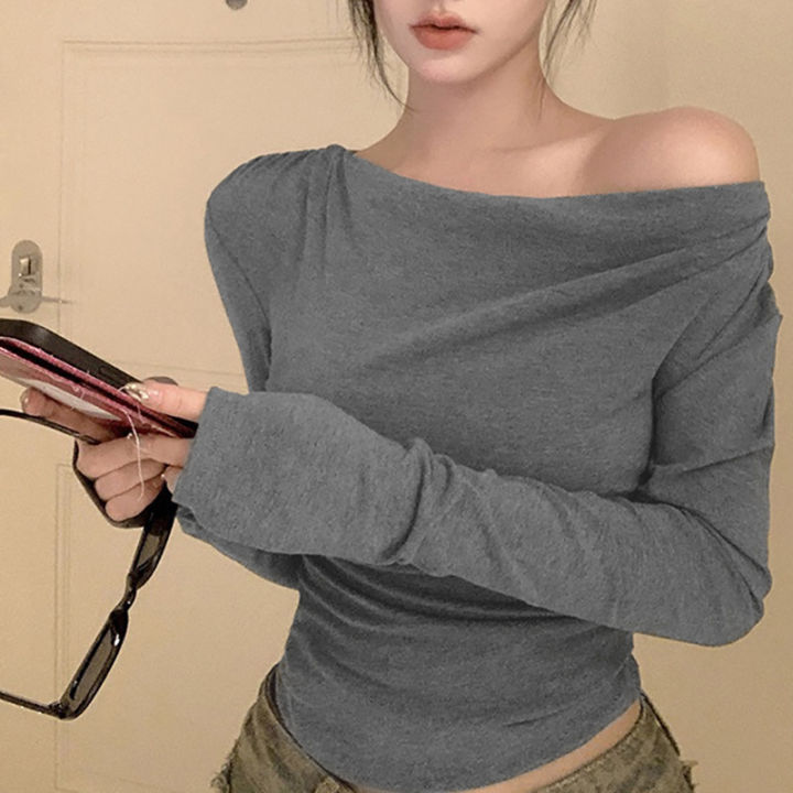 【Hot deal】 Autumn Hottie Off Shoulder T-shirt Women Solid Color Long Sleeve Chic Crop Tops