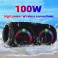100W high power wireless TWS subwoofer portable waterproof card speaker RGB colorful rotating flashing light bluetooth speaker. 