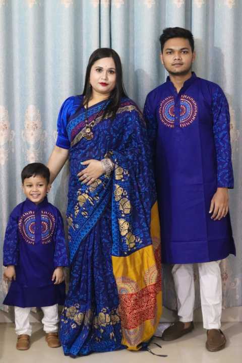 New Family combo Set Half Silk Saree and Dhupian Panjabi for Father Mother and Son